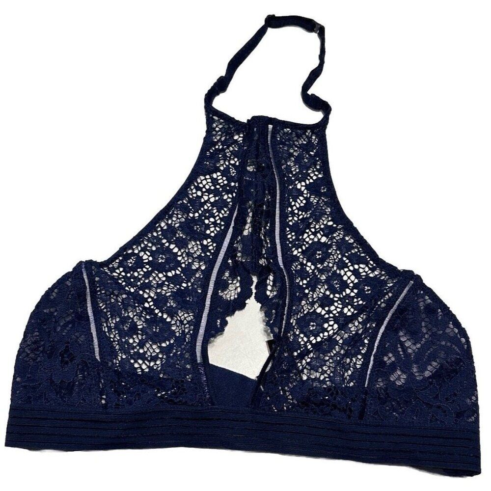 Victorias Secret Very Sexy High Neck Key Hole Sexy Sheer Lace Bra Medium Blue